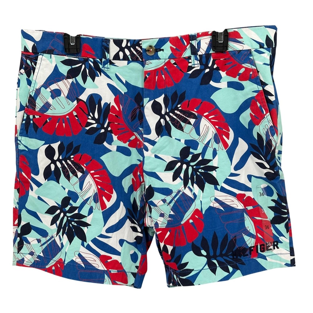 Tommy Hilfiger Shorts‎ Mens 36 Blue Red Tropical Chino Cotton Stretch Preppy NWT